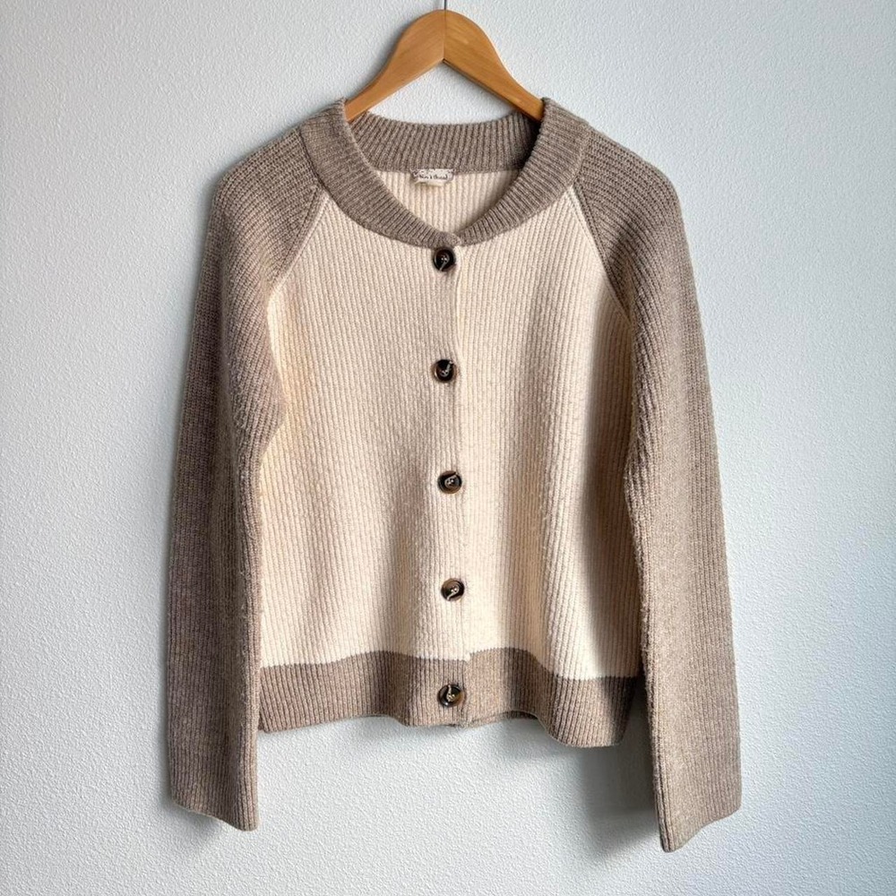 Hem & Thread Colorblock Ribbed Cardigan Sweater Cream Taupe Small Raglan Sleeve - Picture 5 of 8